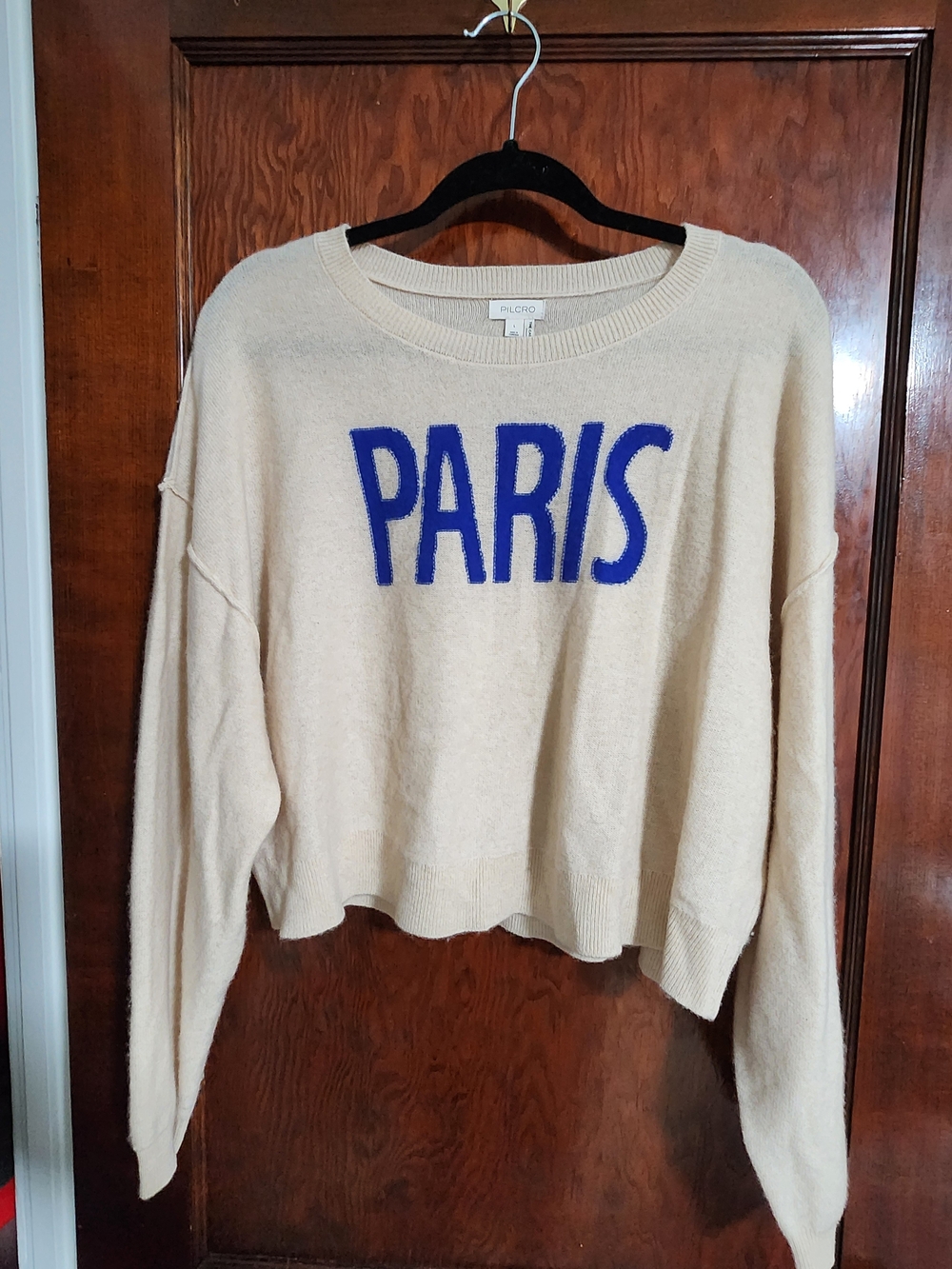 Pilcro Cream Crewneck Sweater with Blue PARIS Lettering